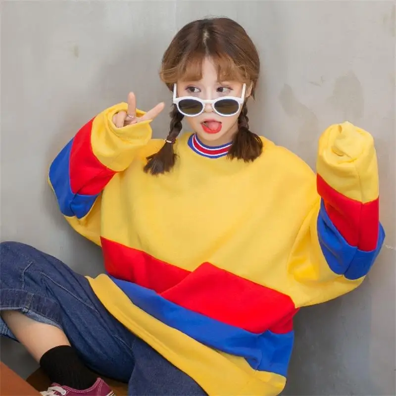 Для женщин Кофты японский Ulzzang Harajuku Винтаж Colorblock футболка с водолазкой женский корейский Kawaii костюмы для