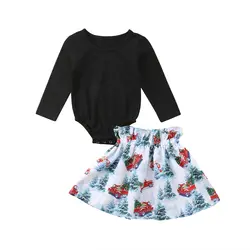 Комплекты одежды для маленьких девочек комбинезон с длинными рукавами хлопковые топы Повседневное Рождественская юбка 2PCA наряды для