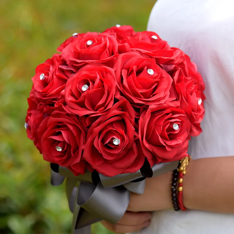 JaneVini красный Искусственные цветы Свадебные букеты с кристаллами свадебная брошь букеты роз невесты лента букет De Mariage 2018