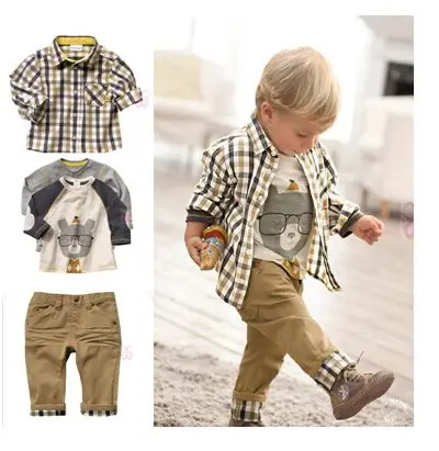 

1 set Retail top quality children clothing set boy's plaid 3 pcs set overshirt+tees+pants autumn baby wear YCZ020