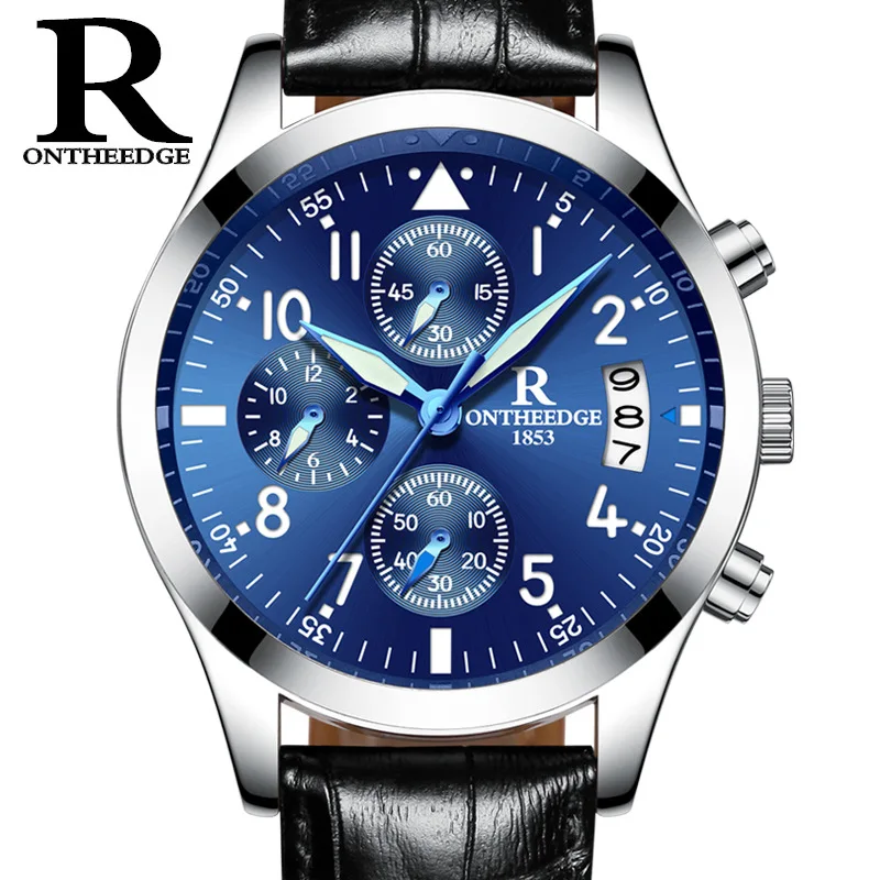 

business man watches waterproof ontheedge brand Multifunction mens wristwatches genuine leather quartz calendar men's watch