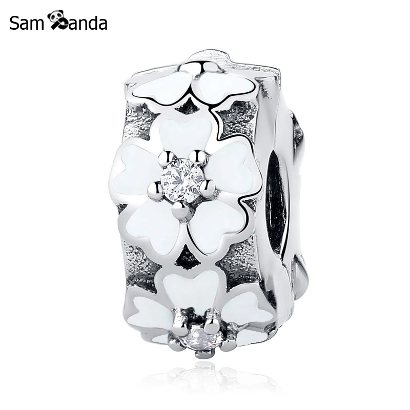 

New 925 Sterling Silver Enamel Cherry Blossoms Safety Stopper Clip DIY Crystal Bead Charms Fits Pandora Bracelet Jewelry