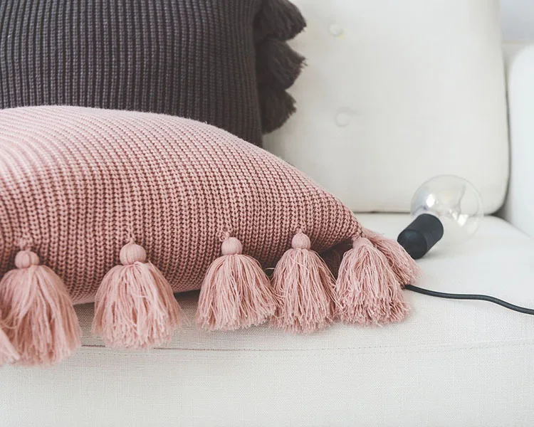 Knitted Cushion Cover Solid Pink Beige Grey Nordic Style Pillow Case With Tassle For Sofa Bed Room Home Decorative 45*45cm