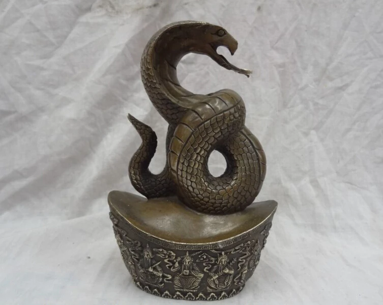 

S3443 8" Chinese Bronze Zodiac 5 Mammon God Wealth Snake On Dragon YuanBao Statue D0318