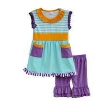 Vêtements pour enfants Rayé Poche Couture Dentelle Sans Manches Fold Décoratif Et Violet Stratifié Shorts Enfants Vêtements S024
