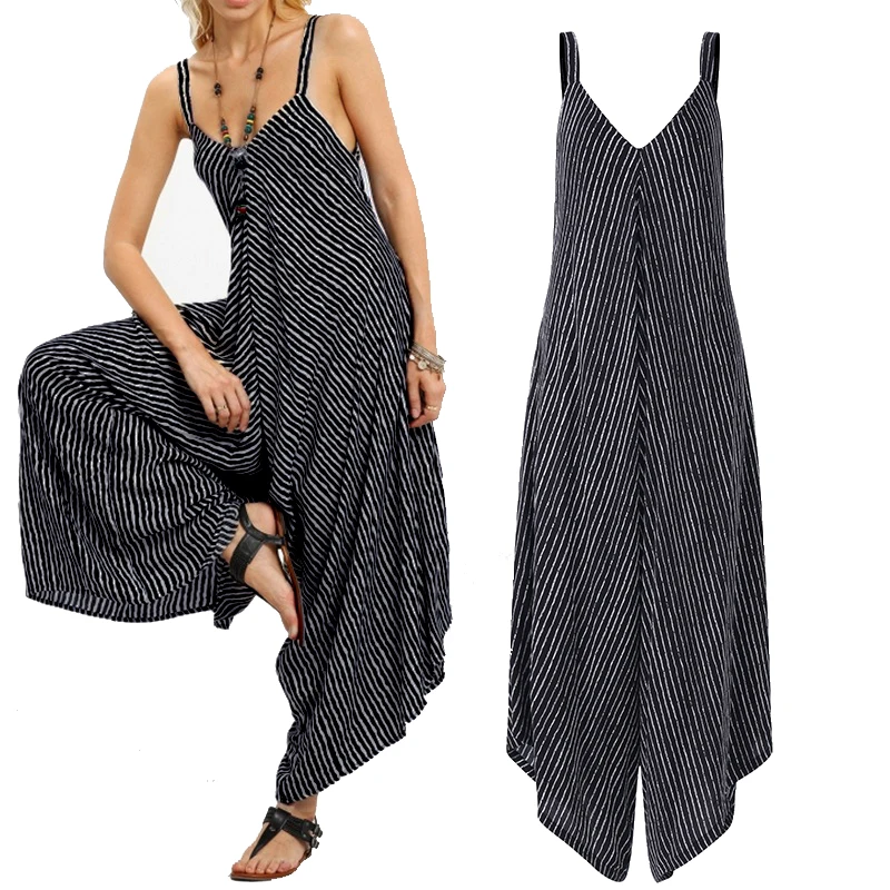 Women Long Pinstriped Overalls Backless Sleeveless Casual Sexy Playsuits Jumpsuits Bohemian Black Romper Striped Pockets Party Jumpsuits and Playsuits