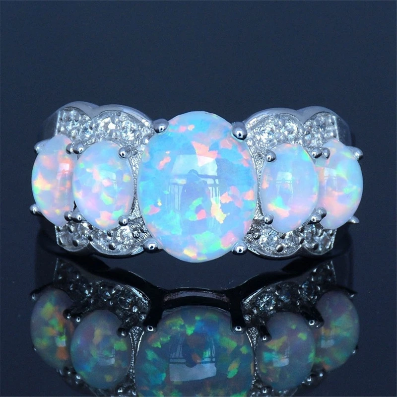 

QCOOLJLY Vintage Dainty Round White/Blue Fire Opal Rings for Women CZ Engagement Finger Rings Jewelry bague bijoux femme