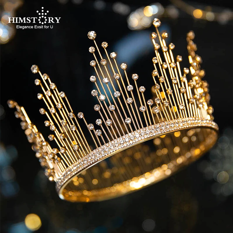 

HIMSTORY Sparkly Gold Cubic zircon Princess Tiara Crown Round Queen Hair Accessories Bridal Hairband Wedding Prom Headwear
