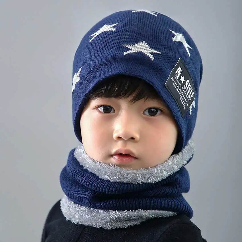 Мальчиков зимняя шапка и шарф набор для детей девушка Звезда печати Детские жаккардовые вязаные шапки кольцо колпачка шарфы детская шапка теплый комплект из 2 предметов