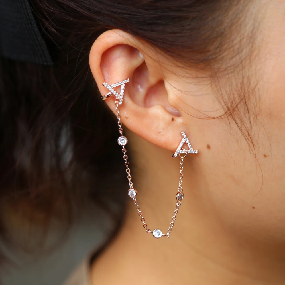 2018 new Crossover design long link chain cz earring stud full cz paved