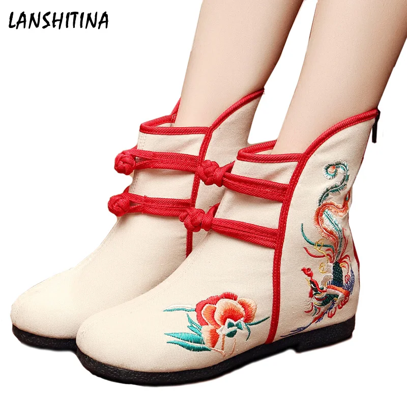 

Autumn Spring Short boots Women Chinese style Vintage Old Beijing Cloth shoes Floral print Round toe Four colors
