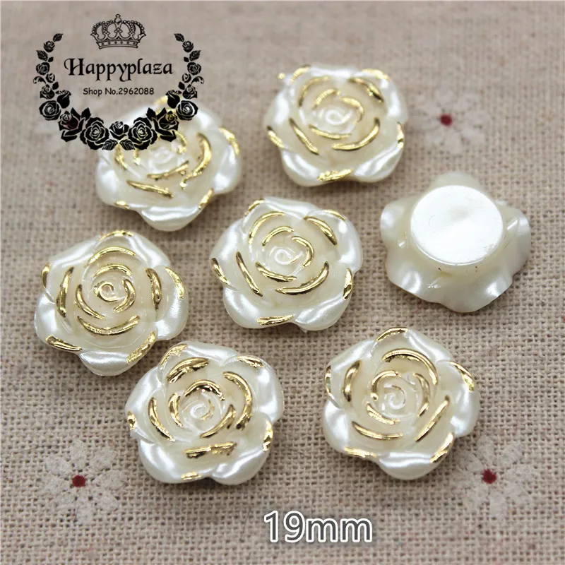 

30pcs 19mm Resin Ivory Golden Rose Flower Imtation Pearl Garment Beads(Double Holes) Flatback Cabochon DIY Jewelry Craft