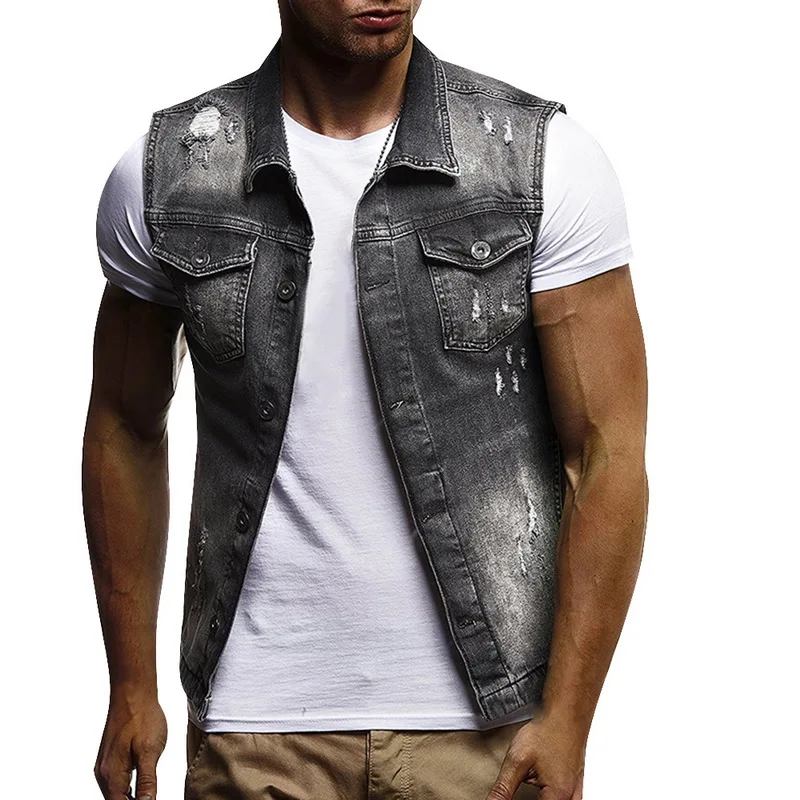 fashion Denim Vest Men streetwear Sleeveless Jacket overcoats Vest black Waistcoat veste homme jaqueta masculina