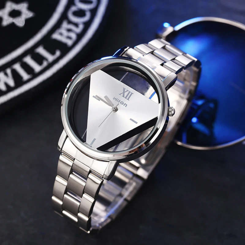 

Chino Wilon Mens Watches Fashion Triangle Transparent Casual Watch Leather Ladies Wristwatch Male Clock Relogio Masculino