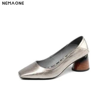 

NEMAONE 2019 Women Genuine Leather Pumps Shoes Fashion Female Shallow Square High Heel Shoes Dress Square Toe Shoes