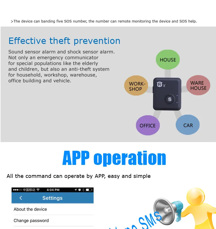 LBS GSM трекер поддерживает IOS и Android приложение, SMS, веб-сайт контролируется, SOS сигнализация, сигнализация с голосовым датчиком, датчик вибрации, голосовой монитор