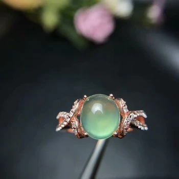 

[MeiBaPJ Fluorescent Green Natural Prehnite Gemstone Fashion Ring for Women Real 925 Sterling Silver Charm Fine Jewelry