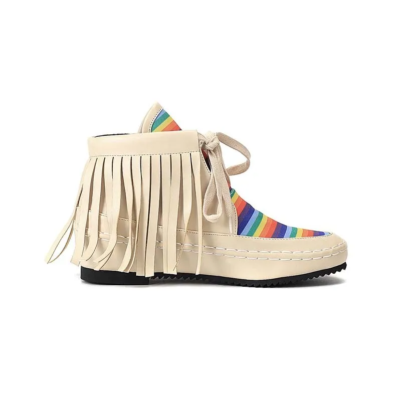 YOUGOLUN Ankle Boots 2018 New Autumn Ladies Tassel Flat Shoes Lace up Mixed Colors Brown Yellow Woman Round toe Boots #B073 Women's Shoes