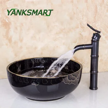Online YANKSMART Bamboo Design Faucet + Ceramic Lavatory Round Bathroom Sink Counter Top Washbasin Mixer Water Tap With Pop-up Drain