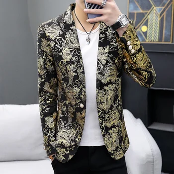 

2019 New men's suit jacket fashion printing men's casual wedding jacket stage party business casual single blazers S-3XL