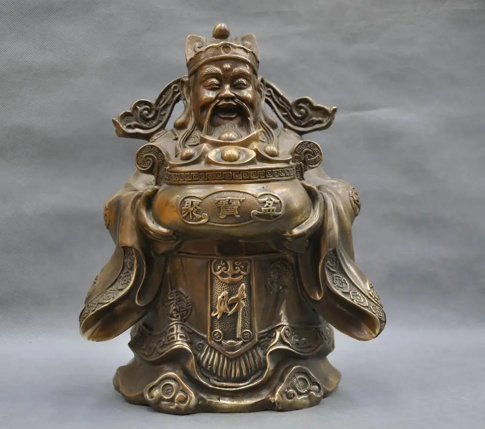 

SS 12'' China Folk Pure Bronze Wealth God Mammon Hold Treasure Bowl Statue