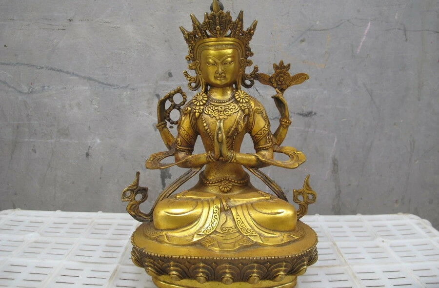 12 &quotТибет Тибетский бронзовая позолота четыре руки Chenrezig Kwan-Yin статуя