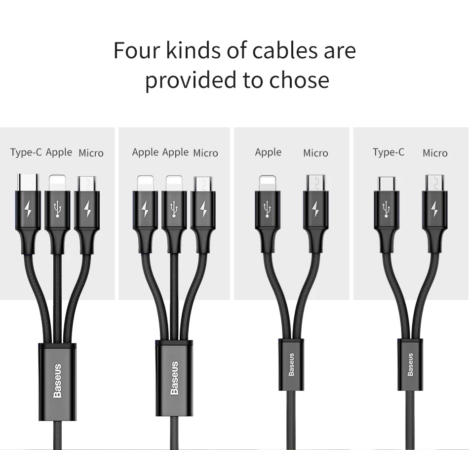 Baseus 2 в 1 Micro usb type C кабель для samsung Xiaomi мульти быстрое зарядное устройство кабель 3 в 1 Microusb кабель для мобильного телефона для iPhone