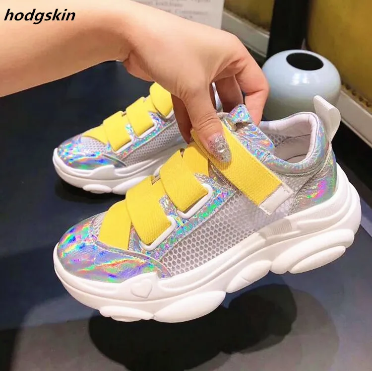 

2019 Spring Shiny Leather Tenis Feminino Sneakers Flats Thick Platform Women Boots Casual Shoes Yellow Lace Up Mesh Zapatillas