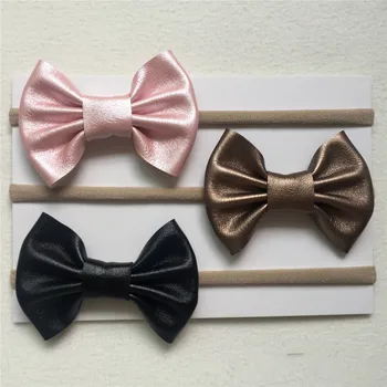 

Cute Bebe Girl Leather Bow Nylon Headband with Super Soft Elastic Stretch Head Band Kid Tiny Hair Bows Accessories 2018 New