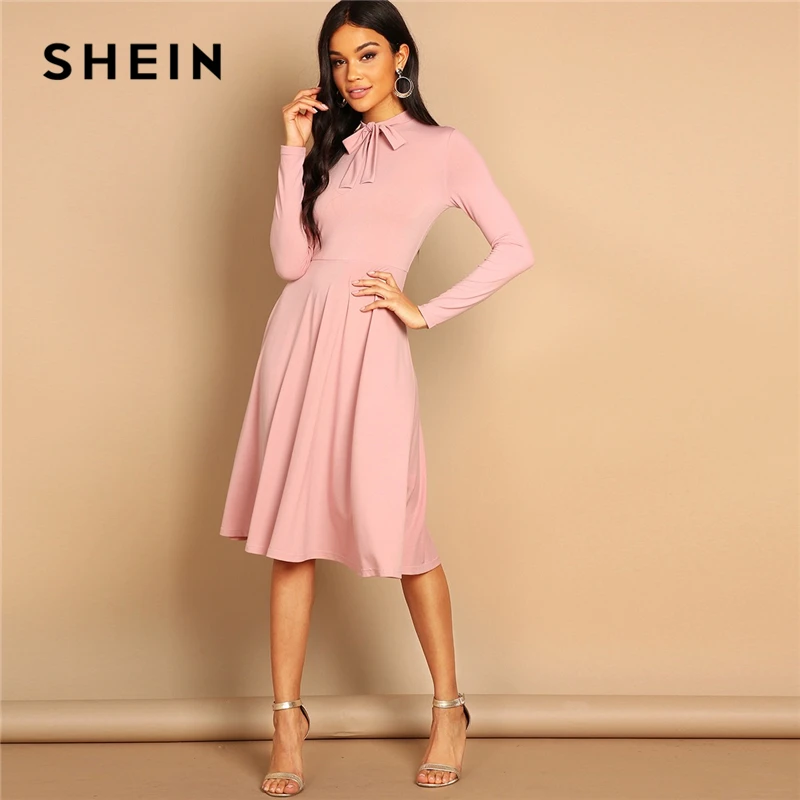 

SHEIN Pink Bow Tie Neck Solid Flowy Slim Fit Dress Elegant Office Lady Turtleneck Knee Length Long Sleeve Spring Women Dresses