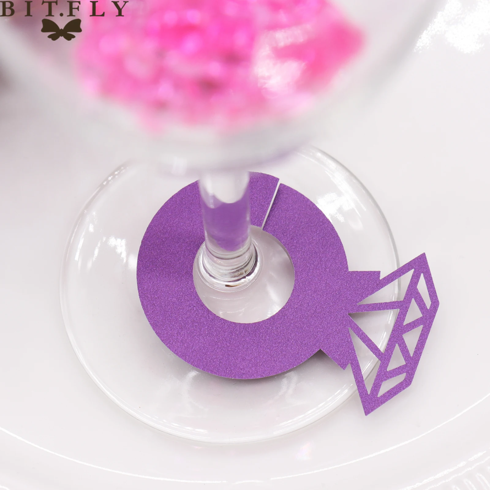 50pcs Laser Cut Paper Diamond Ring Wedding Wine Cup Card Wedding