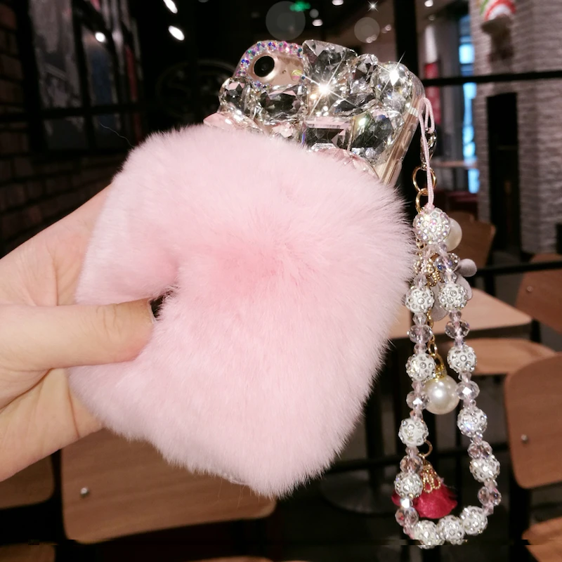 

For huawei honor p8 p9 p10 lite plus 2017 mate 7 8 9 10 Luxury Diamond bling rabbit fur pearl flower chain soft phone case cover