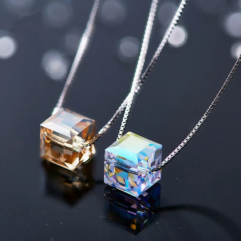 

INourzZ S925 sterling silver necklace color crystal clavicle chain personality cube sugar aurora necklace simple sweater chain