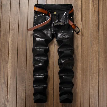 

New 2019 High Quality Men Black PU Full Length Jeans Homme Masculino Fashion Design Men's Glossy Printing Slim Nightclub Jeans