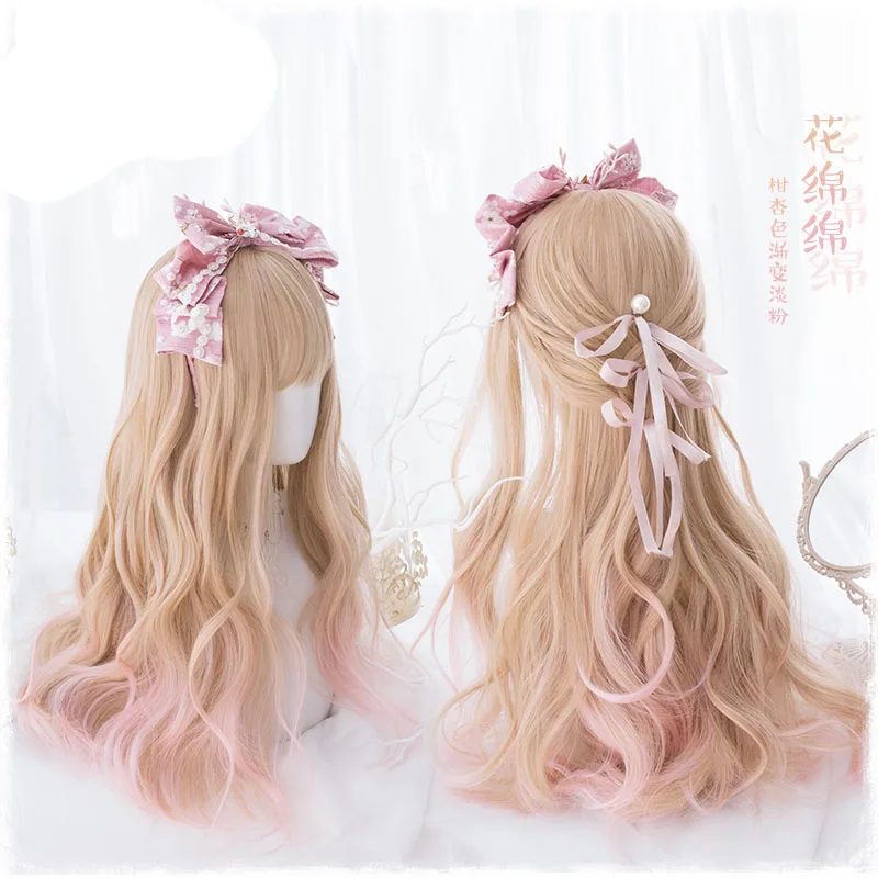 

60cm Sweet Lolita Japanese Harajuku Blonde Pink Gradient Cosplay Daily Curly Fairy Synthetic Hair Wig + Wig Cap