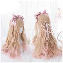 Perruque synthétique Lolita japonaise Harajuku, 60cm, douce, Blonde rose dégradé, Cosplay quotidien, bouclée, fée, perruque + bonnet de perruque