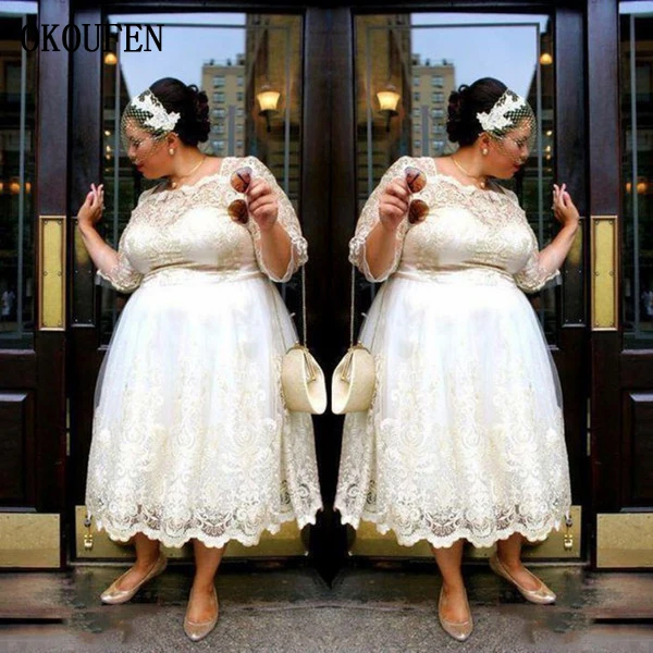 Lace Plus Size Short Wedding Dresses 2018 Tea Length A Line Bridal Gowns Illusion Long Sleeves Women Wedding Vestidos Custom Made Cheap 副本