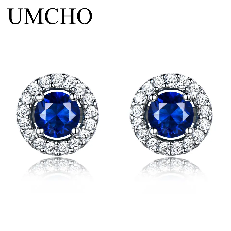 

UMCHO Round Created Blue Sapphire Stud Earrings for Women Gemstone Engagement Stud Earrings Fine Jewelry Fashion Accessories