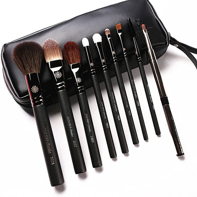 Korean Pony 9Pcs Makeup Brushes Set Professional Pearly Handle Natural Goat Hair Makeup Brush Kit With Leather Case Gift