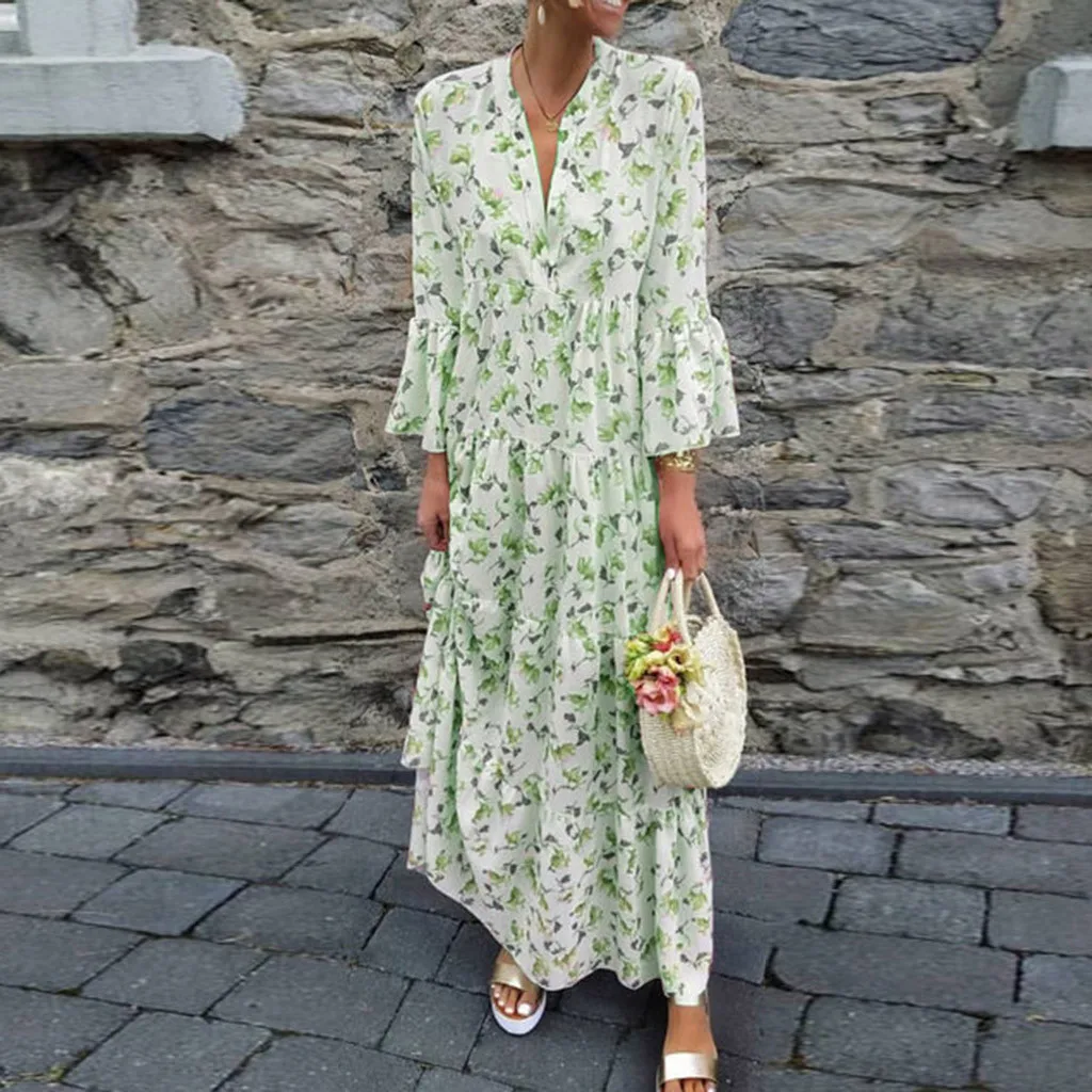 

XINIU 2019 Fashion Women Summer Printed V Neck Beach Party Long Dresses Bohemian Dresses maxi sundress boho elegant chiffon #4