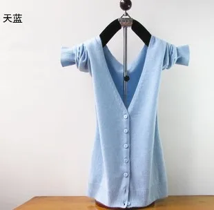 Женский кашемировый кардиган с О-образным вырезом вязаная рубашка тонкая Корейская версия большого размера короткий свитер женское платье - Цвет: Sky blue       Vk