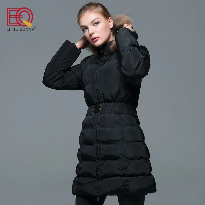 

EFFIE QONNA 2017 New Arrival Faux Fur Stitched Hooded Long Winter Women Parkas Ladies Black Slimming Female Fall outwear Coats