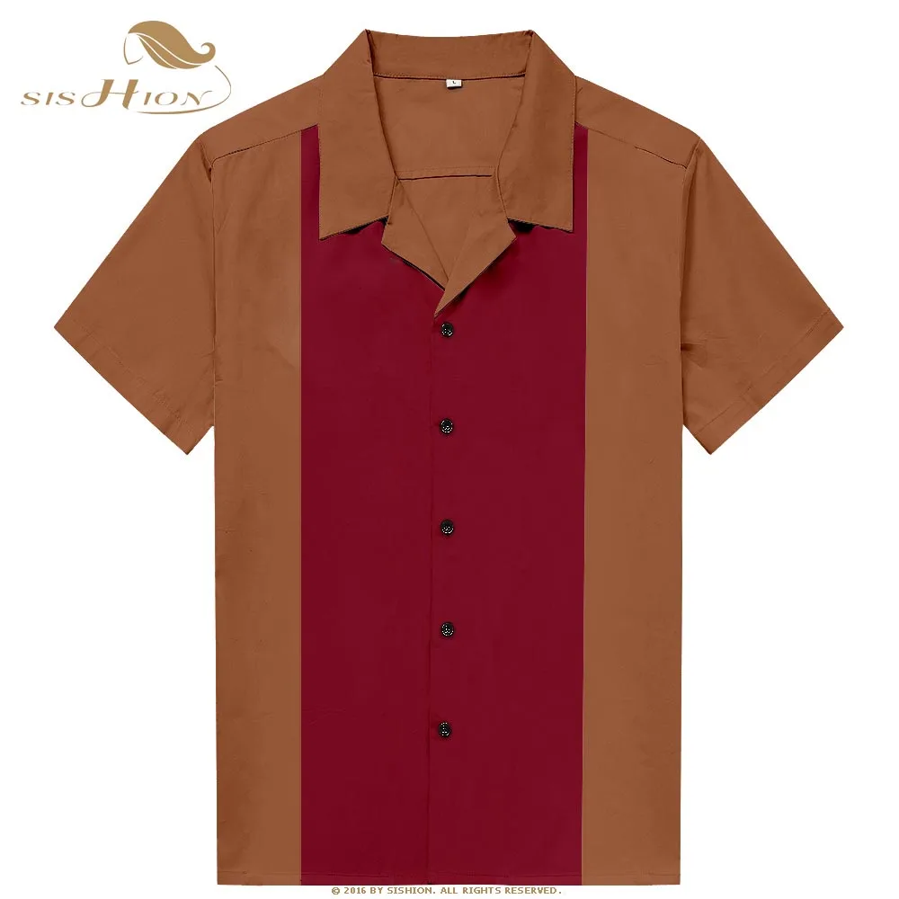 SISHION قصيرة الأكمام الصيف قميص ST123 50 s 60 s خمر البني زر أحمر يصل البولينج الرجال قميص camisas
