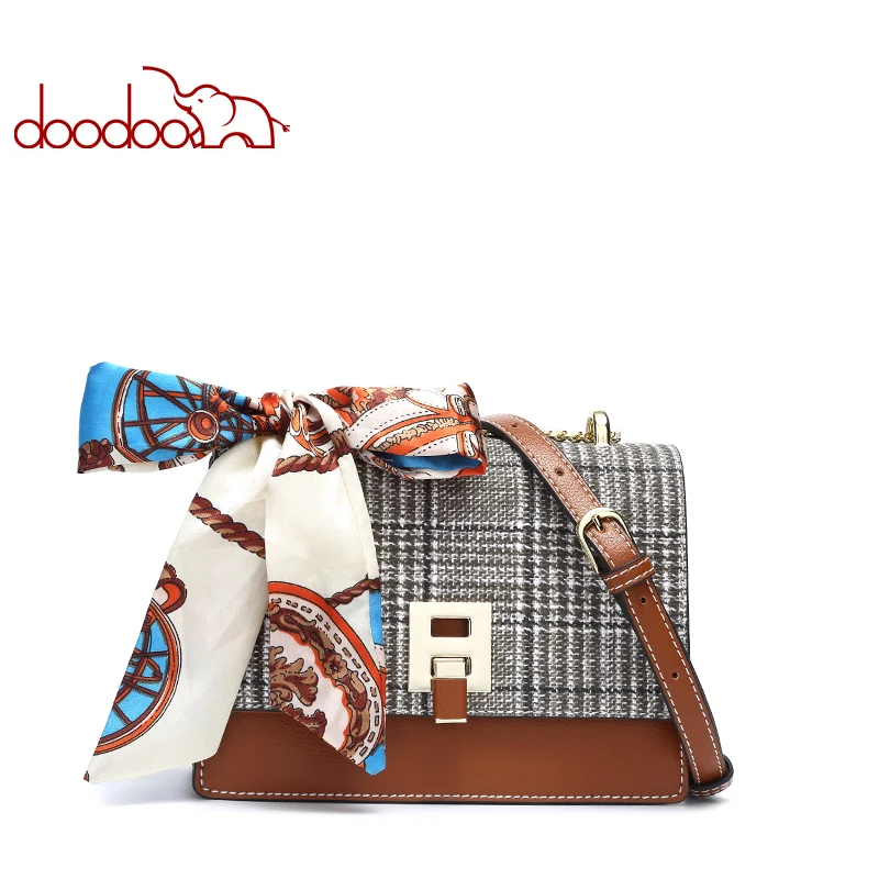 

DOODOO Brand Fashion Women's Handbags Ladies PU Leather Plaid Organ Bag Ribbon Shoulder Crossbody Bags Female Chains Flap Bag