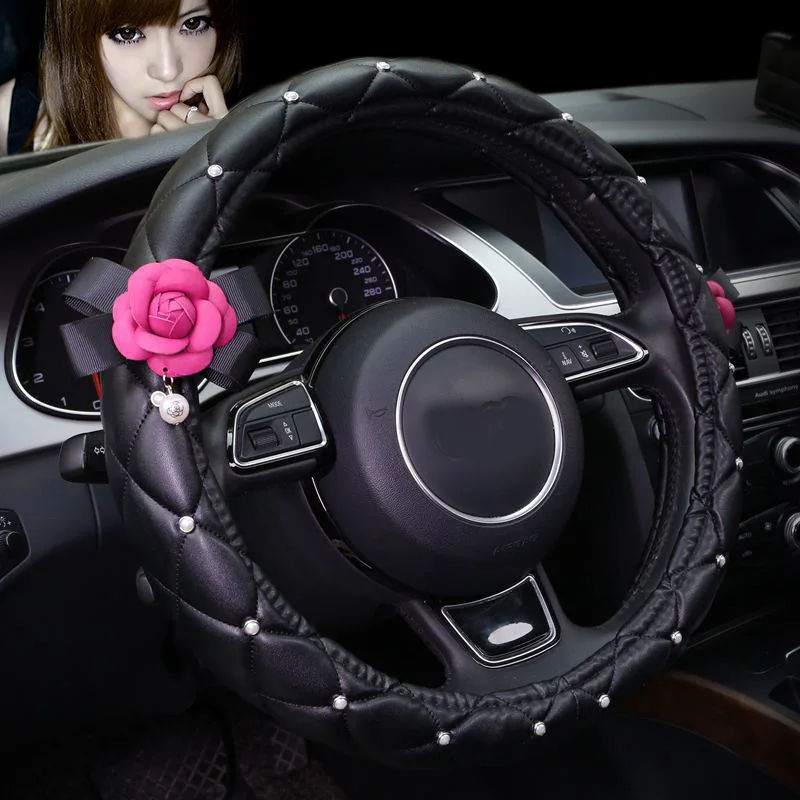 Роза, цветок камелии, аксессуары для салона автомобиля, Стильный Кристалл, кожа, чехол на руль, ручной тормоз, крышка на руль, набор ремней безопасности - Название цвета: Black steering cover