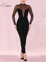 Черный комбинезон женские комбинезон с круглой горловиной с длинными рукавами комбинезон из искусственной шелки с лентачками