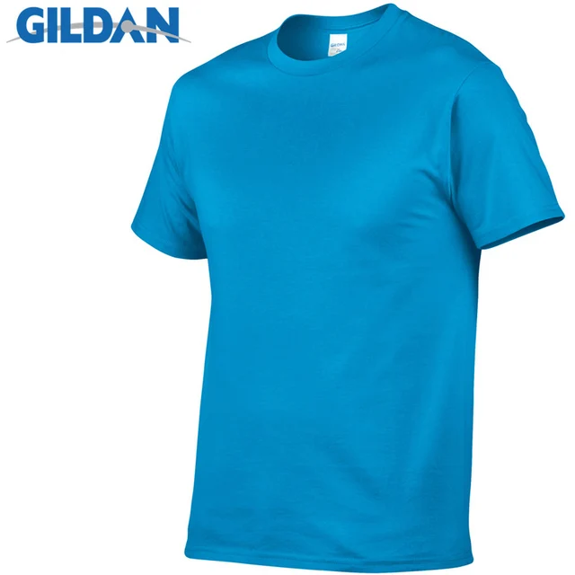 1 PCS Gildan Quality Men's Summer 100% Cotton T-Shirt Men Casual Short Sleeve O-Neck T Shirt Comfortable Solid Tops Tees Sapphire blue