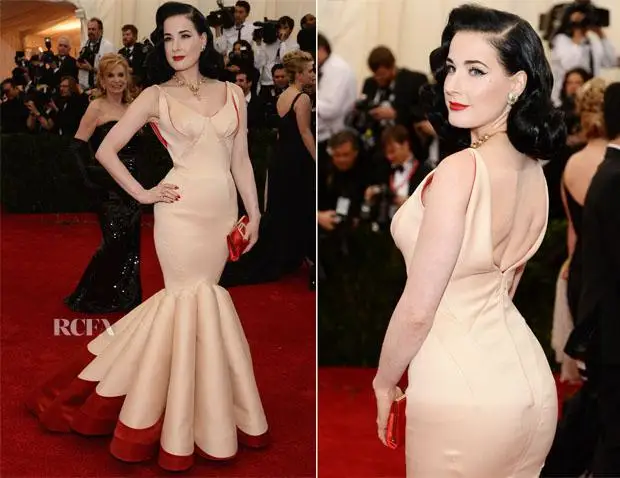 Dita von Teese 2014 Cannes Red Carpet in champagne and red mermaid sexy gown with V neck floor length Long evening dresses (1).jpg
