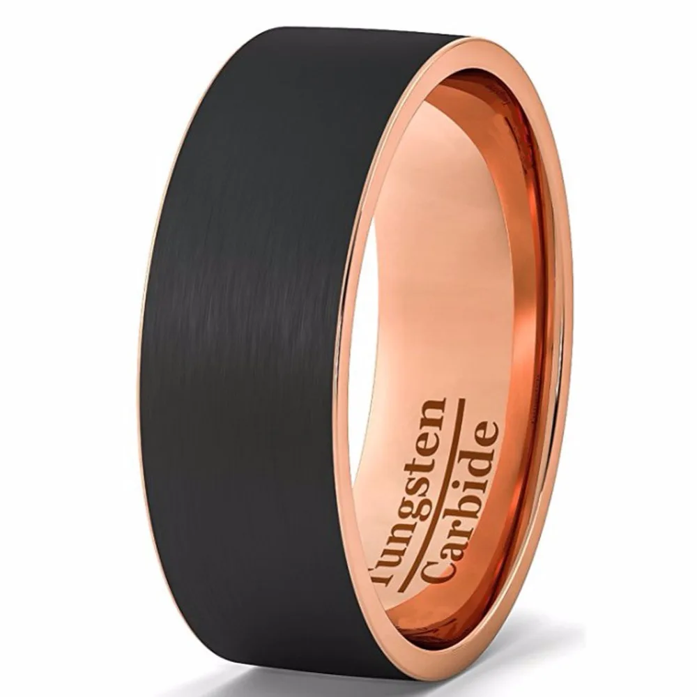 8mm Mens Wedding Band Black Tungsten Ring Rose Gold