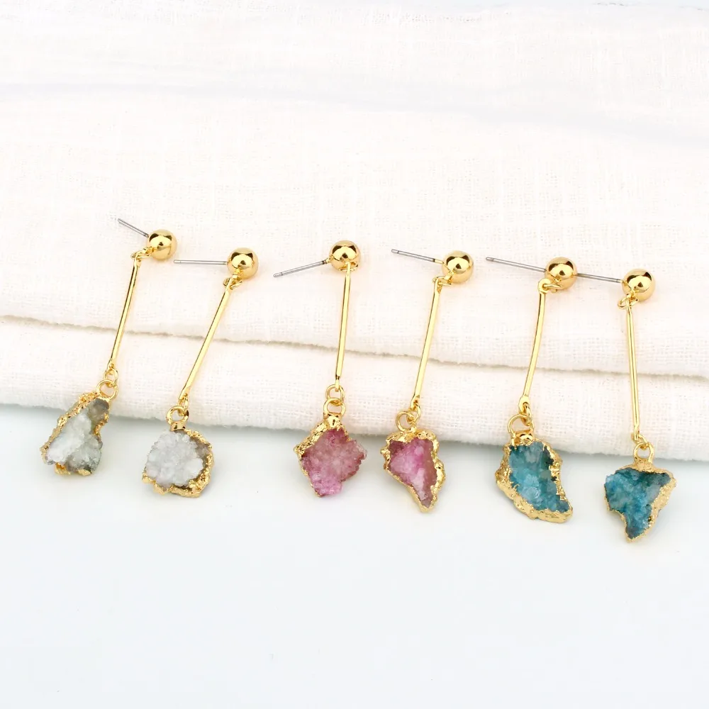 

Dayoff Irregular Druzy Natural Stone Long Drop Dangle Earrings Trendy Bohemia Pink Blue Drusy Eardrop Earring Women Jewelry DE87